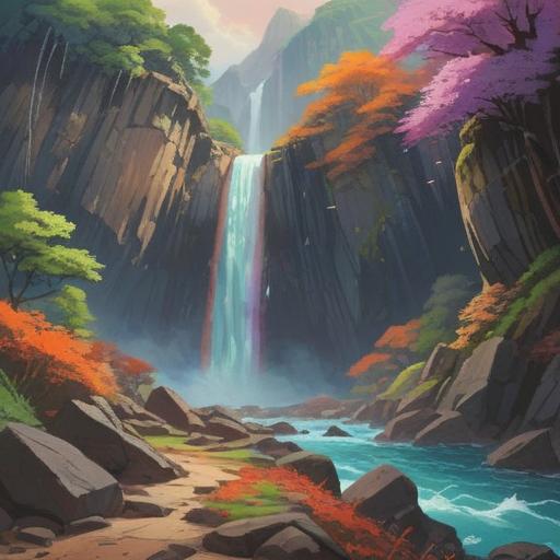 A serene landscape featuring Nachi Falls, a vibrant rainbow arching over the cascading water, smooth stones harmoniously placed in the foreground, reflecting sunlight, lush greenery surrounding the scene, tranquil atmosphere, nature's beauty, playful water droplets, rich colors, 4k