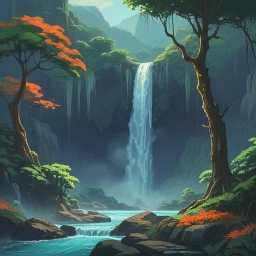 A serene landscape featuring Nachi Falls, cascading water surrounded by lush greenery, mystical atmosphere, ancient trees with spiritual energy, sunlight filtering through the leaves, a tranquil pond reflecting the falls, harmonious wildlife, sense of peace and spirituality, enchanting natural beauty, 4k