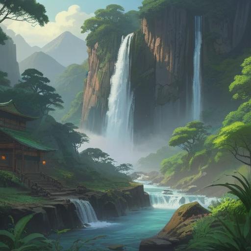 A serene landscape featuring Nachi Falls, cascading water surrounded by lush greenery, ethereal mist rising from the falls, rays of sunlight breaking through the trees, a tranquil atmosphere inviting reflection, symbols of spirituality subtly incorporated, peaceful wildlife in harmony, vibrant colors, immersive details, 4k