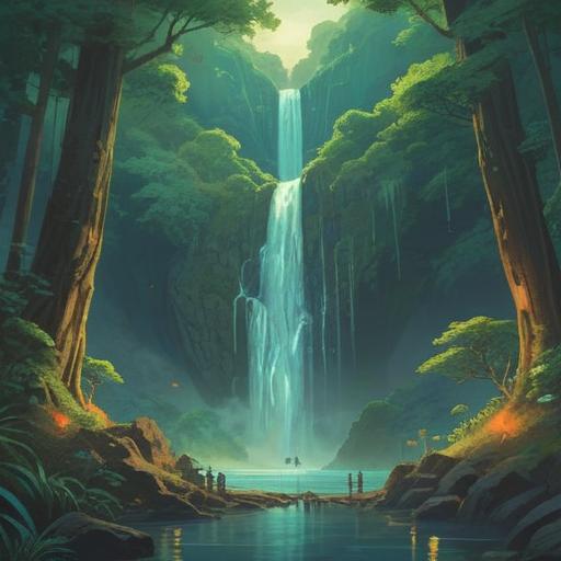 A serene landscape illustration of Nachi Falls, vibrant green forest surrounding the waterfall, ethereal light filtering through the trees, mystical creatures in the background, spiritual symbols hidden in the rocks and water, tranquil atmosphere, a visitor watching in awe, 4k