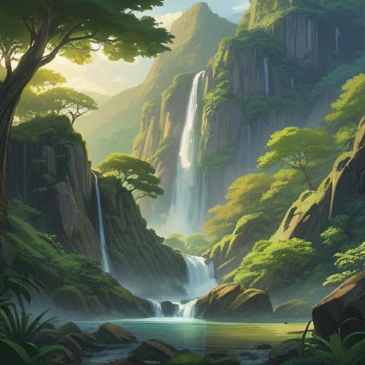 A serene landscape featuring Nachi Falls, lush green surroundings, vibrant foliage, sunlight filtering through the trees, a peaceful atmosphere, a clear blue sky, representation of good fortune elements like lucky charms, tranquil water flow, inviting path leading to the waterfall, harmonious blend of nature and spirituality, 4k