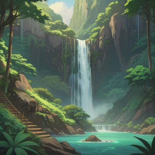 A serene landscape featuring Nachi Falls, lush greenery surrounding the waterfall, tranquil atmosphere, soothing water cascading down, sunlight filtering through trees, birds gently flying, a sense of peace and abundance, harmonious nature scene, 4k