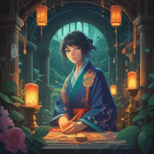 A serene and mystical illustration of Tenshin Nasukawa, surrounded by ethereal symbols, representing spiritual strength and enlightenment, a tranquil background with soft light and gentle colors, invoking a sense of balance and harmony, dynamic poses reflecting martial arts prowess, 4k