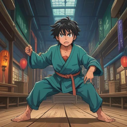 A motivational scene featuring a young athlete inspired by Naoya Nasukawa, practicing martial arts with determination, a serene training environment with mountains in the background, subtle sunlight illuminating the space, showcasing focus and dedication, emphasizing self-improvement and discipline, dynamic movement, 4k