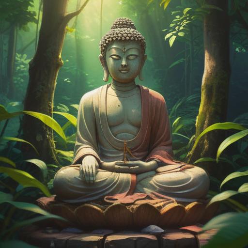 A serene Buddhist statue, representing spirituality and enlightenment, surrounded by lush greenery, peaceful atmosphere, intricate details on the statue, soft sunlight filtering through leaves, meditative setting, tranquil expression, historical significance, 4k
