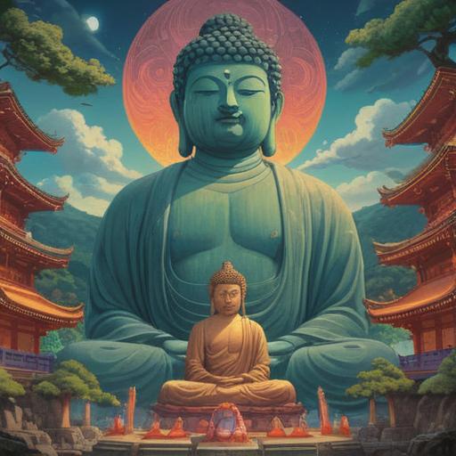 A serene landscape featuring the Great Buddha of Nara, visitors observing the Buddha with reverence, ethereal light illuminating the statue, spiritual symbols subtly incorporated in the surroundings, people meditating nearby, tranquil atmosphere, nature elements like trees and flowers, 4k