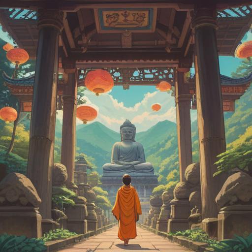 A serene scene depicting a traveler experiencing the Great Buddha of Nara, joyful expressions, sunlit surroundings, cultural significance, tourists marveling at the statue, traditional Japanese architecture in the background, lush greenery, peaceful ambiance, 4k