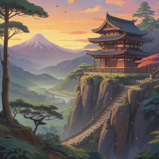 A serene landscape featuring Mount Mikisan in Nara, Japan, lush greenery surrounding the mountain, gentle mist enveloping the peak, a tranquil temple at its base, symbolic representation of spirituality and enlightenment, harmonious connection between nature and the divine, traditional Japanese architecture, peaceful atmosphere, captivating beauty of sacred sites, 4k