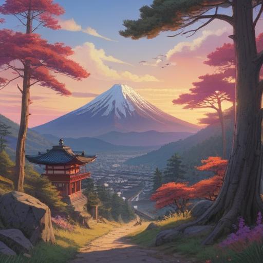 A serene landscape of Mount Myojin in Nara, Japan, mystical atmosphere, soft morning light, presence of spiritual symbols like sacred trees and animals, gentle mist hovering over the mountain, traditional Japanese elements, peaceful hikers observing nature, sense of tranquility and connection to spirituality, vibrant colors blending with natural scenery, 4k