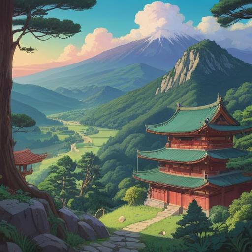 A serene landscape of Mount Myōsan in Nara, capturing the essence of tranquility and good fortune, lush green hills under a clear blue sky, a group of people meditating at the mountain's peak, soft sunlight casting warm glows, symbols of luck like four-leaf clovers scattered across the scene, peaceful atmosphere, vibrant colors, inviting nature, uplifting energy, 4k