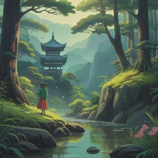 A serene landscape of Mount Misen in Nara, lush green foliage, a peaceful atmosphere, a figure reflecting on their journey, light filtering through trees, soft sunlight illuminating the path, a sense of discovery and enlightenment, traditional Japanese elements, tranquil scenery, 4k