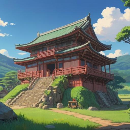 A serene landscape of Asuka Village in Nara, Japan, ancient ruins and historical sites, lush green fields, gentle hills, spiritual energy emanating from the environment, traditional Japanese architecture, vibrant cherry blossoms, a sense of tranquility and harmony, spiritual connections to history, 4k