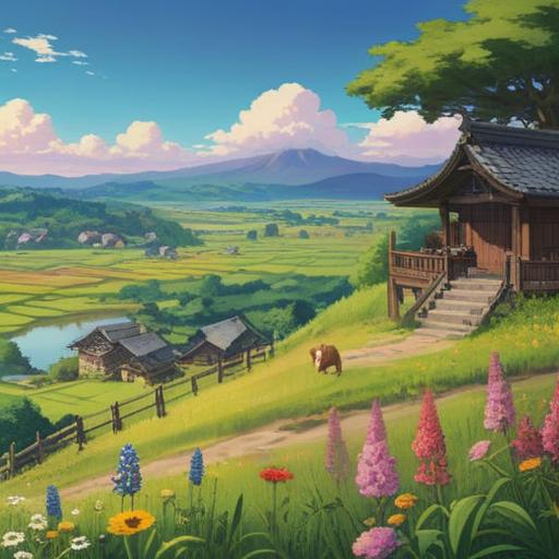 A serene landscape of Asuka Village, lush green fields, ancient shrines bathed in golden sunlight, vibrant wildflowers in the foreground, mystical aura surrounding the village, soft mist hovering in the air, peaceful atmosphere, inviting pathways leading to spiritual sites, a clear blue sky, 4k