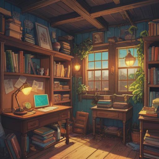 A collection of various educational materials, books stacked neatly, colorful notebooks scattered around, a cozy study environment, warm lighting, inviting atmosphere, detailed textures, organized chaos, visually appealing arrangement, 4k
