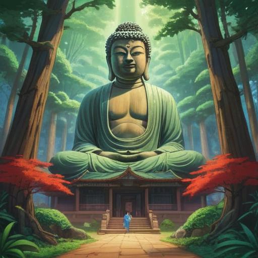 A serene depiction of Nara's Great Buddha, surrounded by lush greenery and ancient temples, radiating spiritual light, peaceful atmosphere, visitors meditating nearby, intricate details of the statue, soft sunlight filtering through trees, harmonious blend of nature and spirituality, 4k