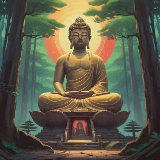 A majestic representation of the Great Buddha of Nara, serene expression, surrounded by tranquil nature, sun rays illuminating the statue, symbols of spirituality and peace, lush greenery, a gentle breeze, peaceful atmosphere, 4k