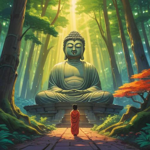 A serene and peaceful scene of the Great Buddha of Nara, surrounded by lush greenery and ancient trees, gentle sunlight filtering through leaves, a tranquil atmosphere, ethereal light effects indicating spiritual signs, visitors gazing in awe, dressed in traditional attire, capturing a moment of reflection, vivid details, 4k