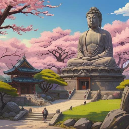 A serene landscape featuring Nara's Great Buddha, surrounded by cherry blossoms, traditional Japanese architecture in the background, people admiring the statue, a glowing charm symbolizing luck in the foreground, tranquil atmosphere, soft sunlight filtering through the trees, harmonious colors, cultural significance, 4k