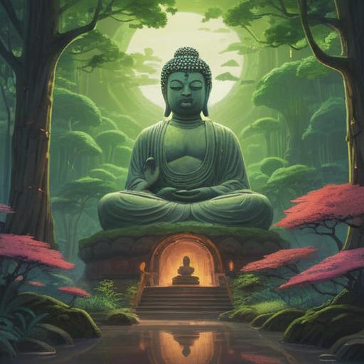 A mystical illustration of Nara's Great Buddha, surrounded by a serene landscape, ethereal glow emanating from the statue, lush greenery and cherry blossoms, tranquil atmosphere, symbolic representation of spiritual magic, detailed textures, enchanting light effects, 4k