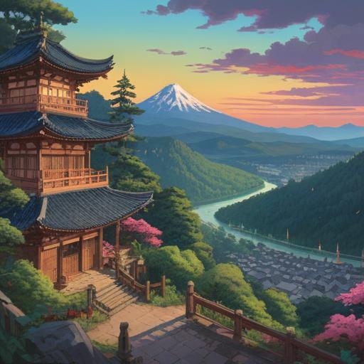 A serene landscape featuring Mt. Miwa in Nara, Japan, lush greenery surrounding the mountain, spiritual significance, ancient Shinto practices, a tranquil shrine at the base, soft sunlight filtering through the trees, clear blue sky, peaceful atmosphere, 4k