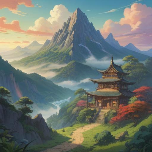 A serene landscape featuring the sacred Mitsumine Mountain, ethereal fog enveloping the peak, vibrant greenery surrounding the base, gentle rays of sunlight breaking through the clouds, people meditating peacefully in the foreground, symbols of spiritual awakening and positivity, harmonious atmosphere, 4k