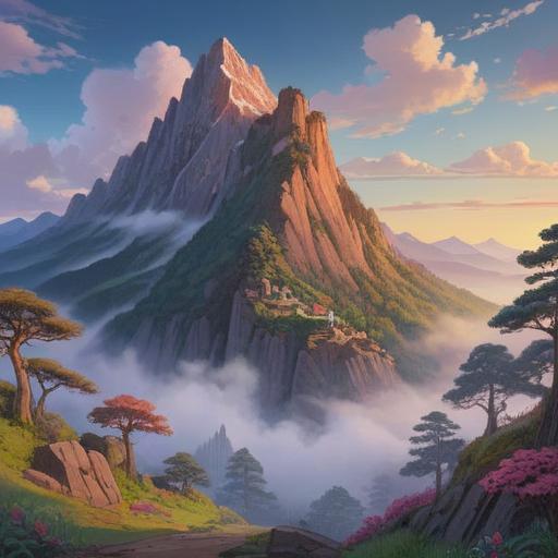 A serene landscape of Mt. Miwayama, mystical fog enveloping the mountain, signs of spiritual significance, ancient trees with gnarled roots, gentle stream flowing nearby, ethereal lights shimmering in the air, visitors observing the surroundings with reverence, tranquil and reflective atmosphere, detailed flora and fauna, harmony with nature, 4k