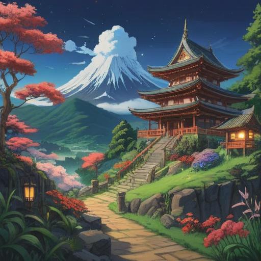A serene landscape of Mount Miwa, mystical atmosphere, spiritual energy radiating from the surroundings, lucky item glowing softly, lush greenery, ancient trees, gentle stream flowing, ethereal light, tranquil spirituality, harmonious connection with nature, 4k