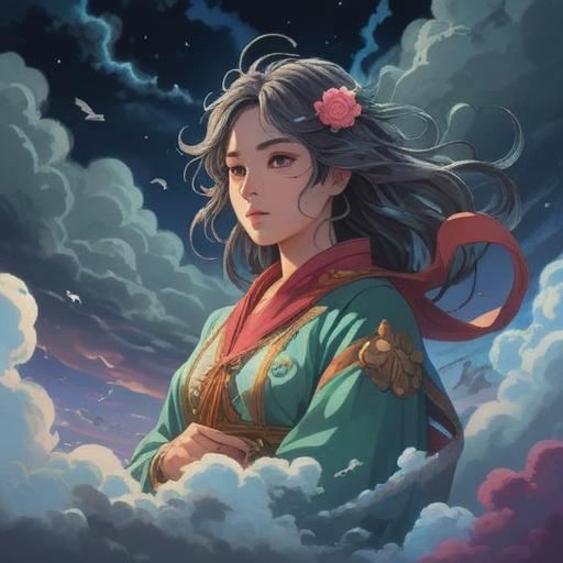 A mystical woman shrouded in clouds, ethereal presence, spiritual aura, symbolism of cloudy weather, connection to nature and emotions, soft light filtering through gray skies, serene and introspective atmosphere, flowing garments, surrounded by mist and shadows, 4k