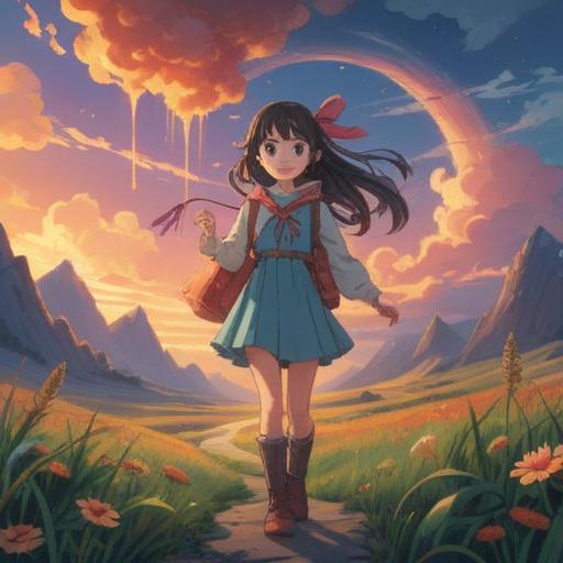 A whimsical illustration of a girl standing in a cloudy landscape, holding a charm that symbolizes good luck, surrounded by ethereal light breaking through the clouds, vibrant flowers blooming around her, a subtle transition from gray to bright colors, illustrating hope and transformation, magical atmosphere, 4k
