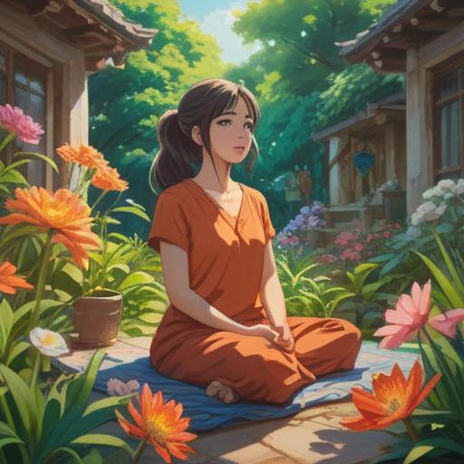 A serene and uplifting scene of a woman meditating in a sunlit garden, surrounded by blooming flowers and lush greenery, soft breeze rustling leaves, tranquil expression on her face, inner peace radiating, gentle light casting a warm glow, symbolizing positivity and clarity, mindfulness practice, vibrant colors, harmonious atmosphere, 4k