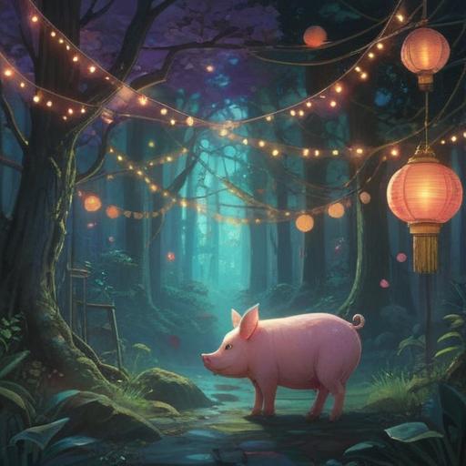 A mystical illustration featuring a dreamlike scene where a pig appears surrounded by ethereal lights, symbolizing spirituality and introspection, soft pastel colors creating a serene atmosphere, whimsical clouds in the background, gentle aura radiating from the pig, intricate patterns representing dreams and insights, reflecting a connection to the subconscious, enchanting and calming vibe, 4k