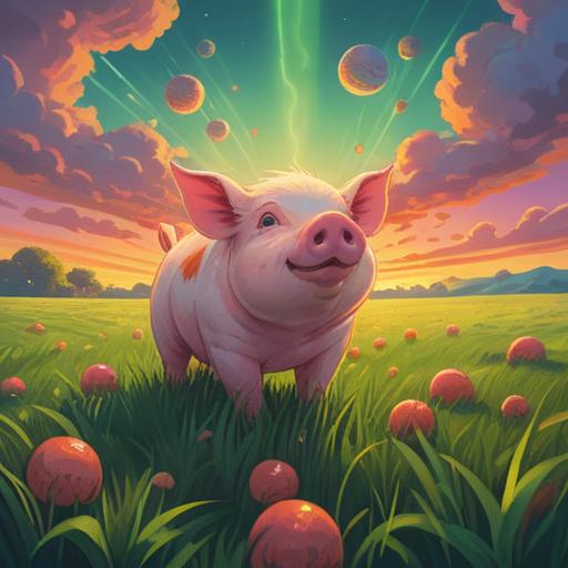 A serene dreamscape featuring a calm pig surrounded by vibrant, floating orbs of light, lush green fields, soft clouds in a gentle sky, symbolic representations of hope and positivity, mystical energy radiating, tranquil atmosphere, harmonious colors, 4k