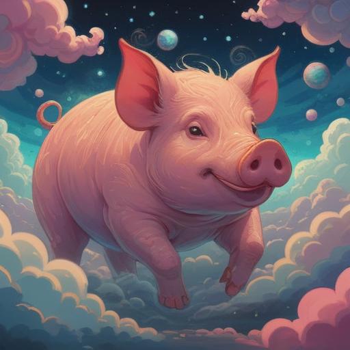 A mystical illustration of a pig dreaming, ethereal atmosphere, swirling clouds and stars, spiritual symbols surrounding the pig, representing intuition and insight, vibrant colors, serene expression, dreamlike landscape, soft glowing light, 4k