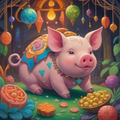 A whimsical illustration of a pig dreaming, surrounded by colorful lucky charms, vibrant colors, enchanting atmosphere, playful design, various lucky symbols like four-leaf clovers and horseshoes, soft, fluffy clouds, warm and inviting scene, charming details, 4k