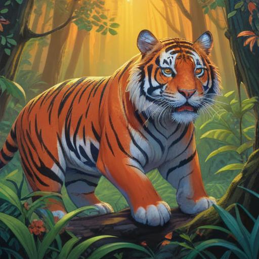 A serene illustration depicting the spiritual significance of the year of the tiger, vibrant colors, majestic tiger in a lush forest, symbols of good fortune and protection, harmonious nature, mystical glow surrounding the tiger, cultural elements associated with spirituality, detailed foliage, peaceful atmosphere, 4k