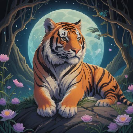 A serene and mystical illustration depicting a majestic tiger under a full moon, surrounded by shimmering stars, ethereal light casting gentle shadows, an aura of spirituality, symbols of intuition like a glowing third eye, intricate patterns representing cosmic energy, tranquil forest background, harmonious color palette, inviting sense of wonder, 4k