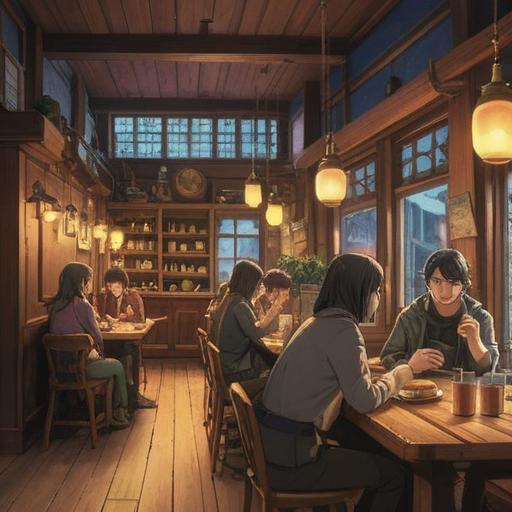 A cozy café scene, people gathered around a large wooden table, discussing various topics, colorful notebooks and laptops open, a pot of coffee in the center, warm light illuminating the space, friendly atmosphere, collaborative spirit, detailed background with bookshelves, soft music playing in the background, 4k