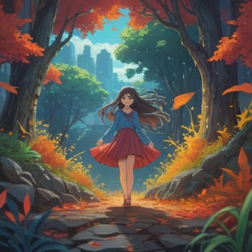 A mystical landscape during a strong gust of wind, swirling leaves caught in the air, vibrant colors symbolizing change and transformation, ethereal beings dancing in the wind, trees bending gracefully, a sense of energy and movement, serene and chaotic elements intermingling, 4k