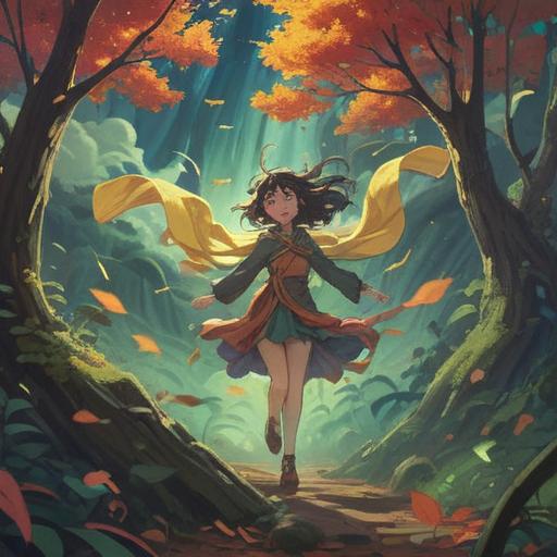 A mystical scene depicting a powerful gust of wind, swirling leaves dancing in the air, ethereal light illuminating the surroundings, characters experiencing a serene connection with nature, symbols of good fortune appearing amidst the chaos, spiritual energy flowing, harmonious atmosphere, vibrant colors, dynamic motion, 4k