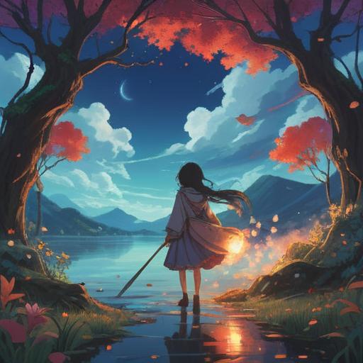 A powerful gust of wind sweeping through a tranquil landscape, symbolic spiritual signs manifesting in the air, swirling leaves and ethereal lights, a sense of caution and awareness, serene environment with distant mountains, clear blue sky, vivid colors, mystical atmosphere, 4k