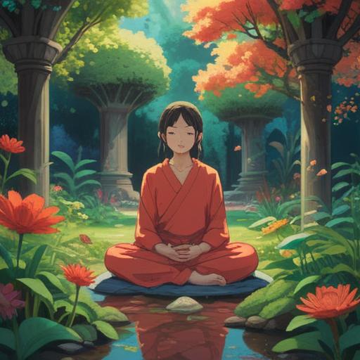 A serene and ethereal scene depicting the spiritual meaning of sudden hearing loss, a person meditating in a tranquil garden filled with vibrant flowers and gentle streams, rays of light filtering through the trees, symbols of transformation and awakening surrounding them, a sense of peace and introspection, soft color palette, dreamlike atmosphere, harmonious balance, 4k