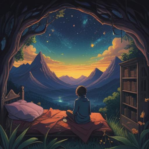 A surreal and mystical scene representing the spiritual meaning of suddenly being unable to sleep, dark and starry night sky, a restless figure seated on a bed, surrounded by floating dreams and thoughts, ethereal light illuminating the character, symbolic elements like clock and hourglass to indicate time loss, serene yet troubled expressions, captivating and contemplative atmosphere, 4k