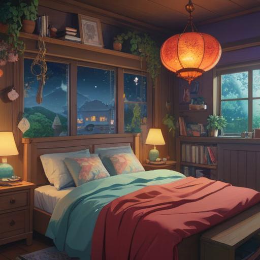 A serene bedroom scene, a bedside table cluttered with lucky healing items, a glowing crystal, soothing herbal teas, a plush dream pillow, calming essential oils, soft ambient light shining through the window, peaceful atmosphere, cozy bedding, warm colors, inviting space, 4k