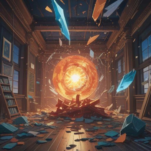 A surreal scene depicting the moment of an object unexpectedly breaking, ethereal light emanating from the shattered pieces, symbolizing spiritual awakening, vibrant colors blending harmoniously, mystical atmosphere with soft, glowing orbs, nature elements surrounding the scene, detailed textures on broken glass, uplifting and positive energy in the composition, 4k