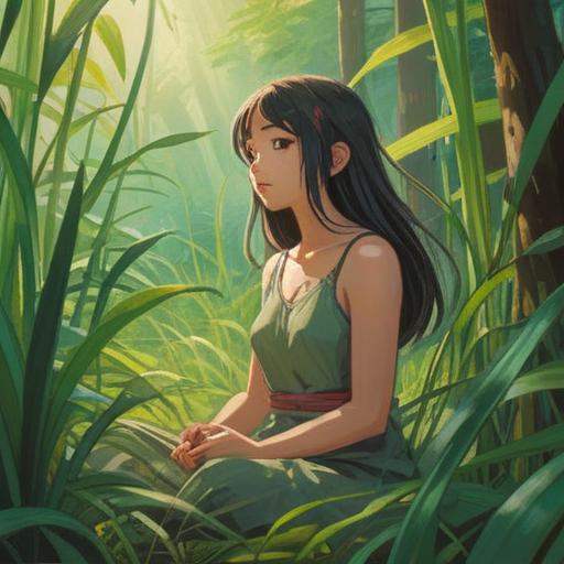 A serene scene depicting a gentle breeze rustling through tall grass, ethereal light filtering through leaves, a figure meditating peacefully, surrounded by floating dandelion seeds, symbolizing change and transformation, tranquil atmosphere, spiritual awakening, soft pastel colors, harmonious nature, 4k