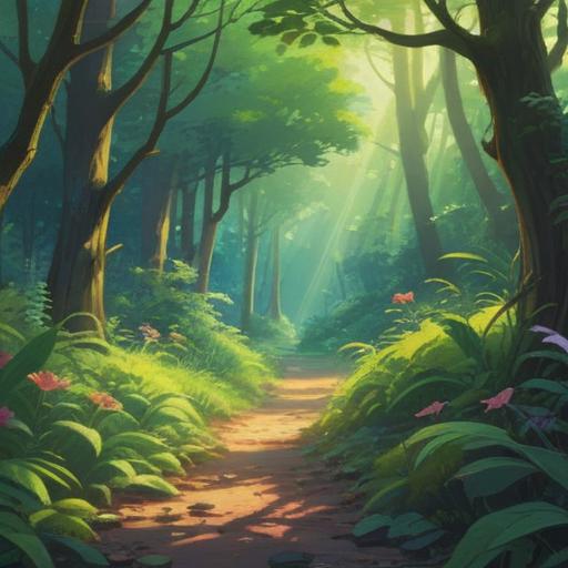 A serene moment in nature, a gentle breeze sweeping through lush greenery, sparkling light filtering through the leaves, ethereal symbols appearing in the air, a sense of peace and spiritual connection, vibrant colors, harmonious atmosphere, soft focus on the scene, mystical elements intertwining with the natural landscape, 4k