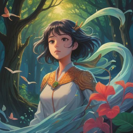 A serene landscape illustrating sudden winds, swirling leaves, ethereal light, symbolic animals appearing, guardian spirits manifesting, mystical atmosphere, attention-grabbing details, nature's subtle messages, peaceful yet evocative scene, 4k