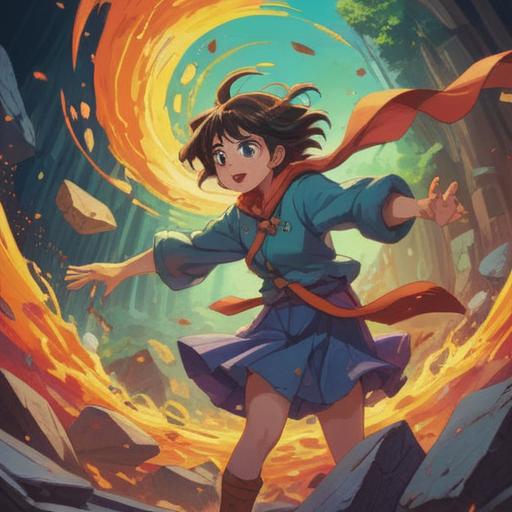 A scene depicting a lucky stone being swept away by a sudden gust of wind, vibrant colors, dynamic movement, natural surroundings, a clear blue sky, playful leaves swirling around, the stone glimmering in sunlight, a sense of surprise and whimsy, high detail, 4k