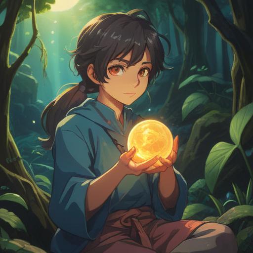 A captivating illustration of a person holding a glowing lucky stone, serene expression, surrounded by a tranquil natural setting, gentle sunlight filtering through leaves, soft colors, warm atmosphere, symbols of peace and harmony, subtle magical aura, 4k