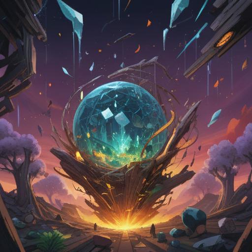 A shattered object with sparkling fragments, symbolizing unexpected luck, vibrant colors, whimsical atmosphere, surreal composition, abstract elements intertwining with broken pieces, dynamic lighting enhancing the sense of fortune, 4k